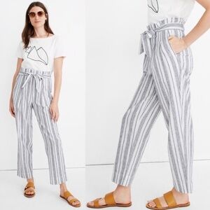 Madewell Linen Pants White Black Baltic Stripe 4 Paperbag Waist Tie Pockets